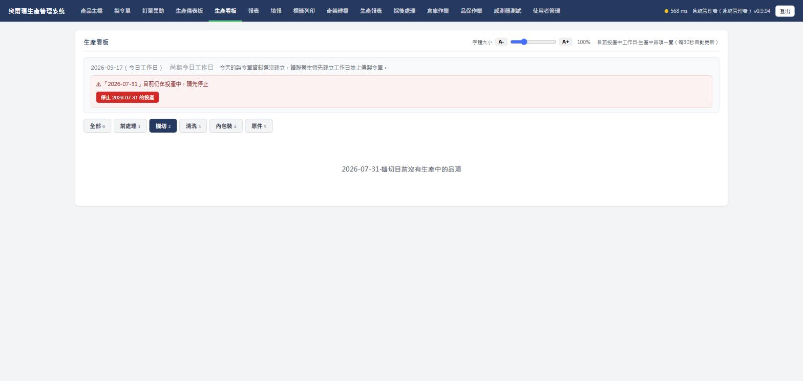 機切工站頁籤，目前沒有生產中的品項，實際畫面截圖