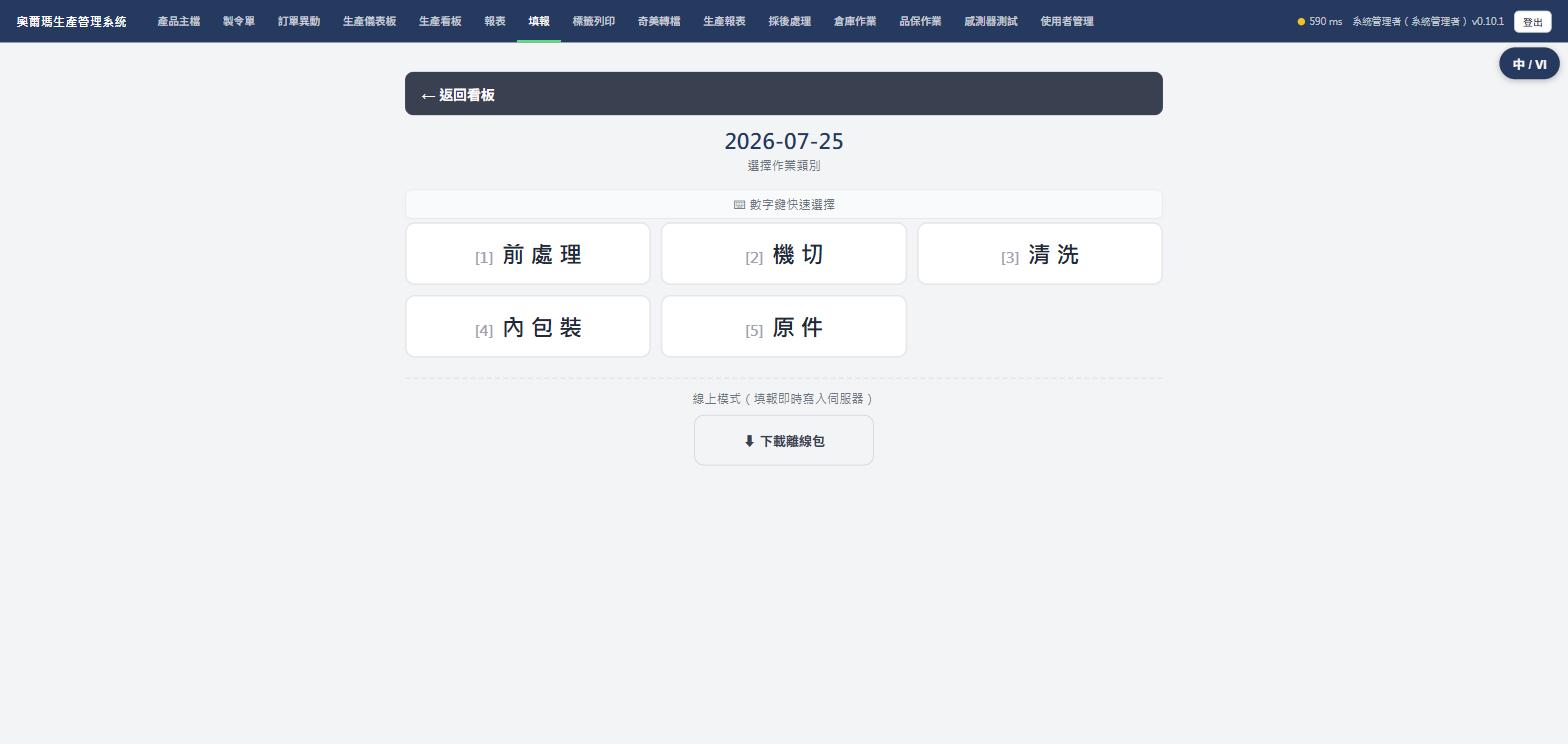 選擇作業類別畫面，前處理/機切/清洗/內包裝/原件五個按鈕，實際畫面截圖