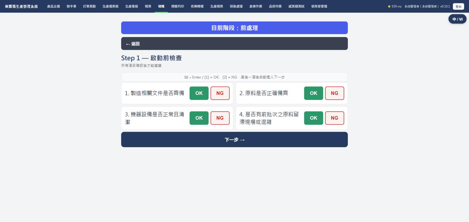 啟動前檢查畫面，四個項目各自OK或NG按鈕，實際畫面截圖
