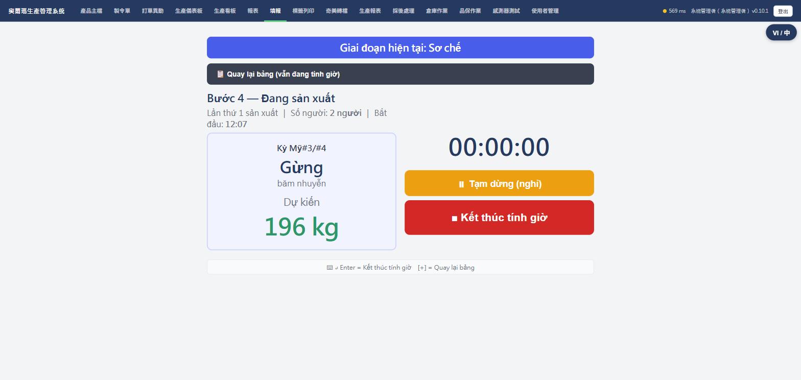 Màn hình đang sản xuất, đồng hồ đếm giờ thời gian thực và nút tạm dừng kết thúc tính giờ, ảnh chụp màn hình thật