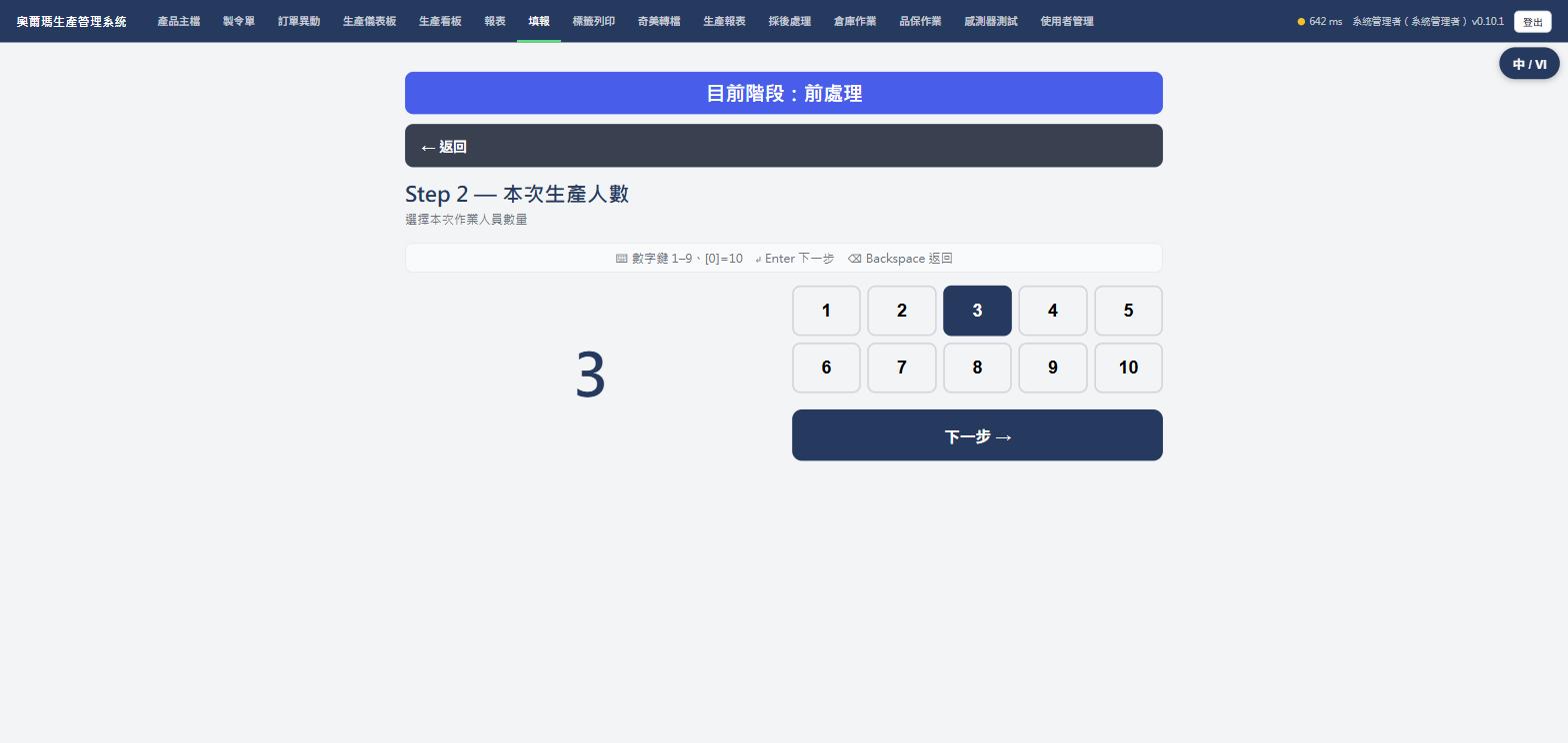 本次生產人數選擇畫面，數字鍵1到10，實際畫面截圖