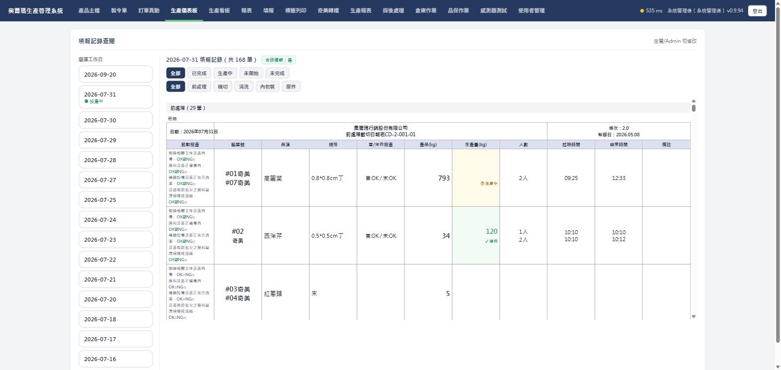 填報記錄查閱總覽，前處理分頁，實際畫面截圖