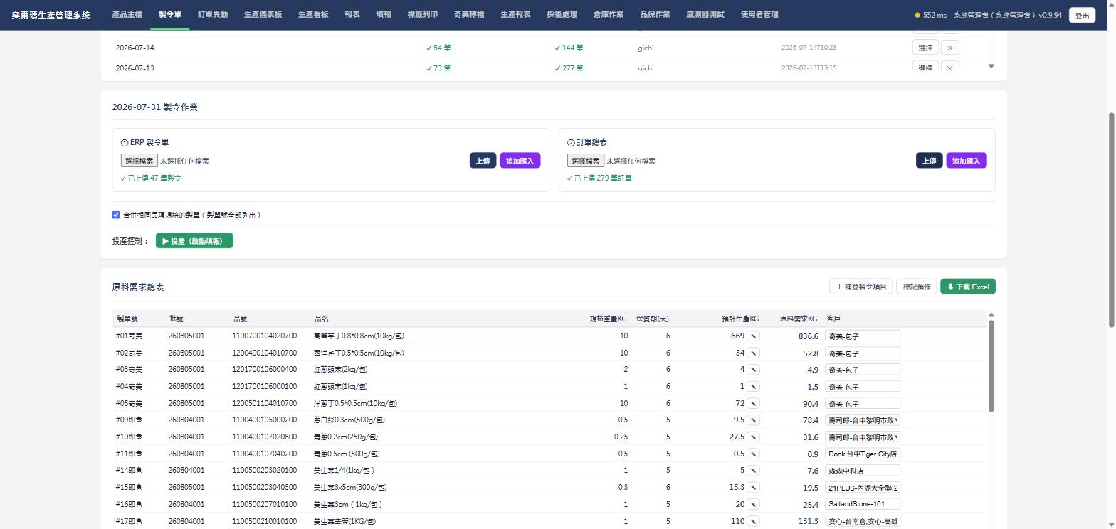 已上傳製令單與訂單總表的製令作業畫面，實際畫面截圖