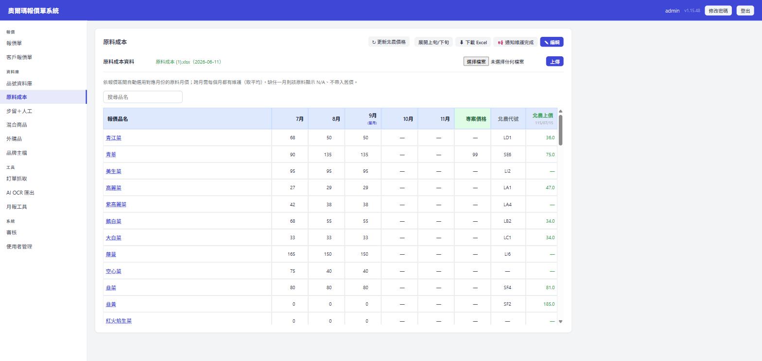原料成本：各月份價格、專案價格、北農代號與 Excel 上傳