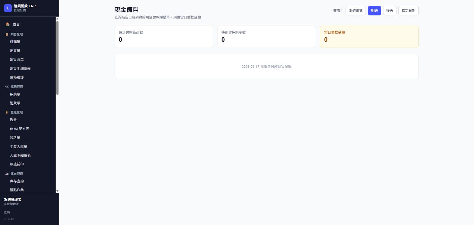 現金備料，指定單日視圖，實際畫面截圖
