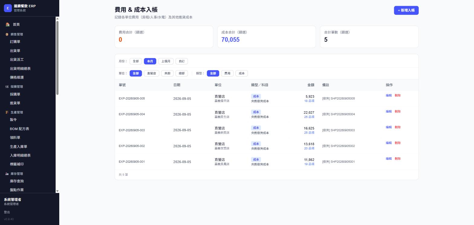 費用與成本入帳列表，實際畫面截圖