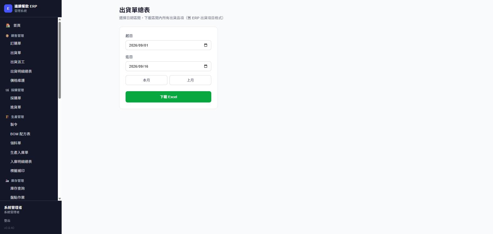 出貨單總表頁面，選擇日期區間下載Excel，實際畫面截圖