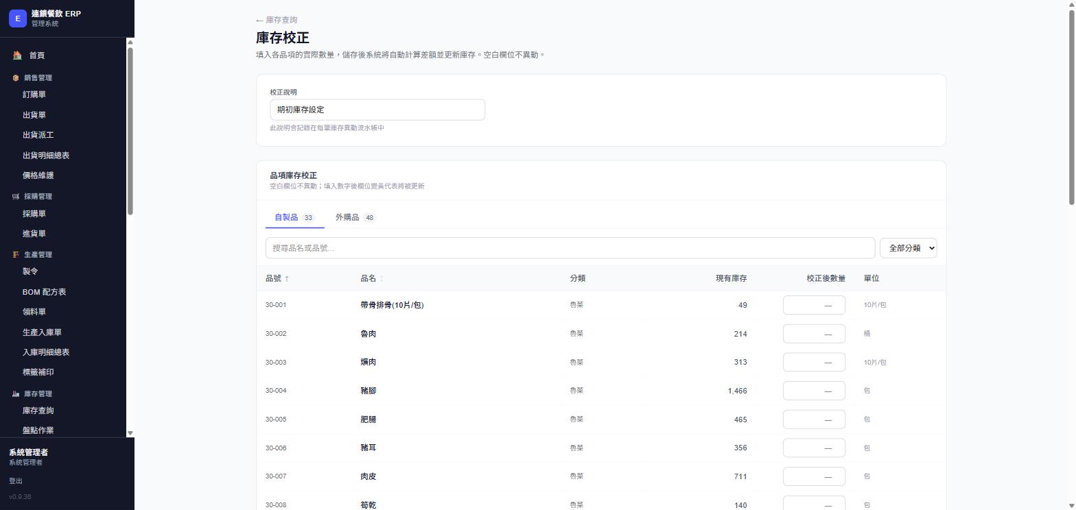 庫存校正頁面，實際畫面截圖