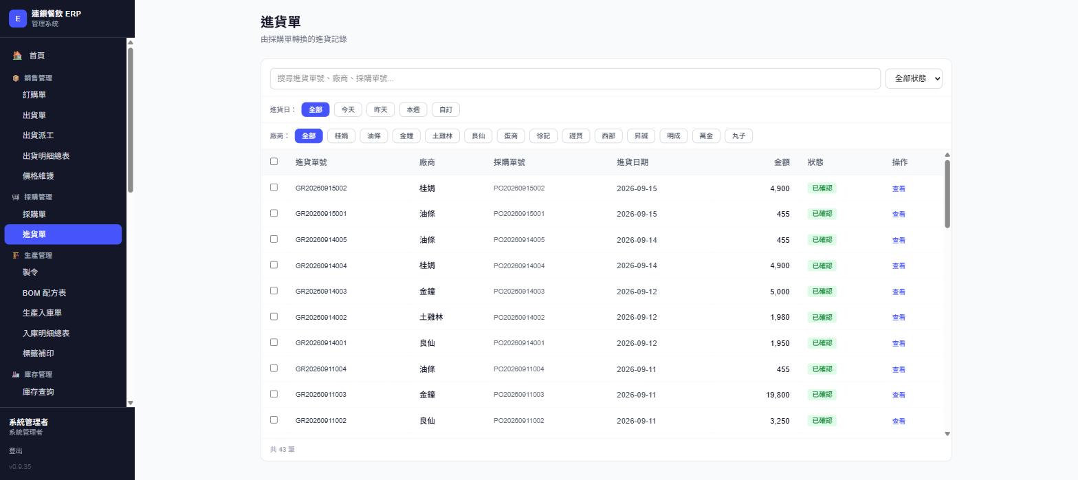 進貨單列表，實際畫面截圖